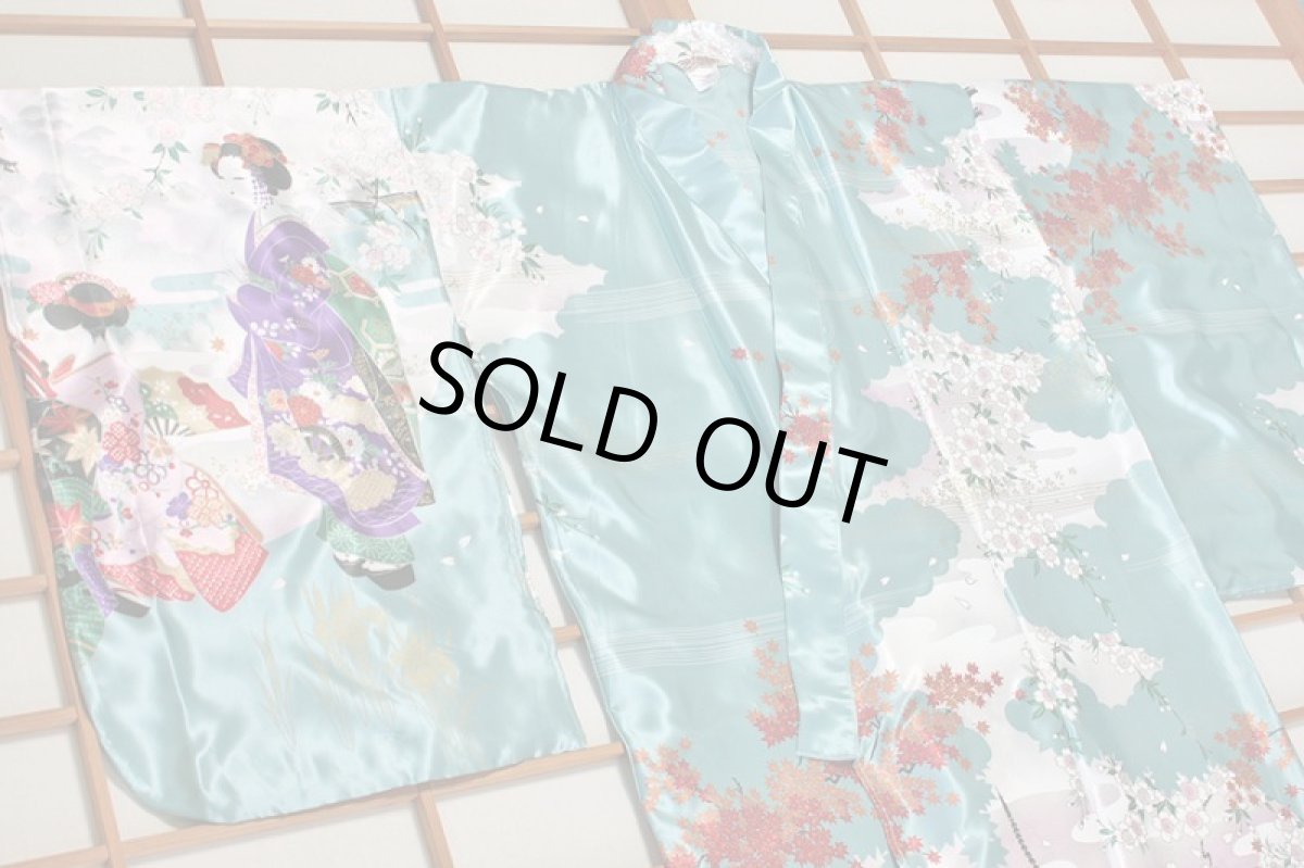 画像2: 日本着物　【桜舞子　ターコイズ】Long Length　 Japanese Kimono (Cherry Blossom and Geisha, Turqoise) Long length (2)