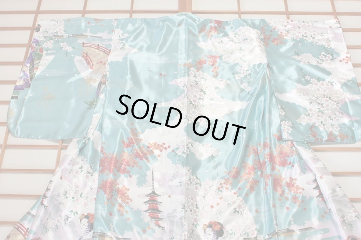 画像6: 日本着物　【桜舞子　ターコイズ】Long Length　 Japanese Kimono (Cherry Blossom and Geisha, Turqoise) Long length (6)