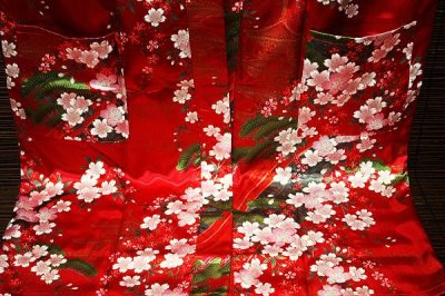 画像3: 日本着物　【五重塔  桜・松 赤】　 Japanese Kimono (Pagoda,Cherry Blossom and Pine,Red)